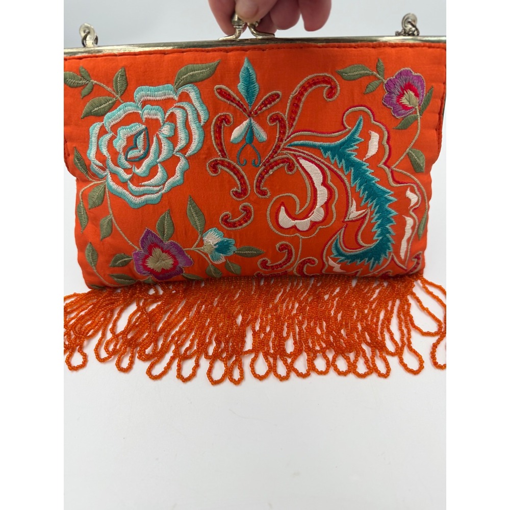 Moyna Orange Embroidered Silk Floral Clutch Beaded Fringe Evening Bag w/ Chain - Picture 2 of 8
